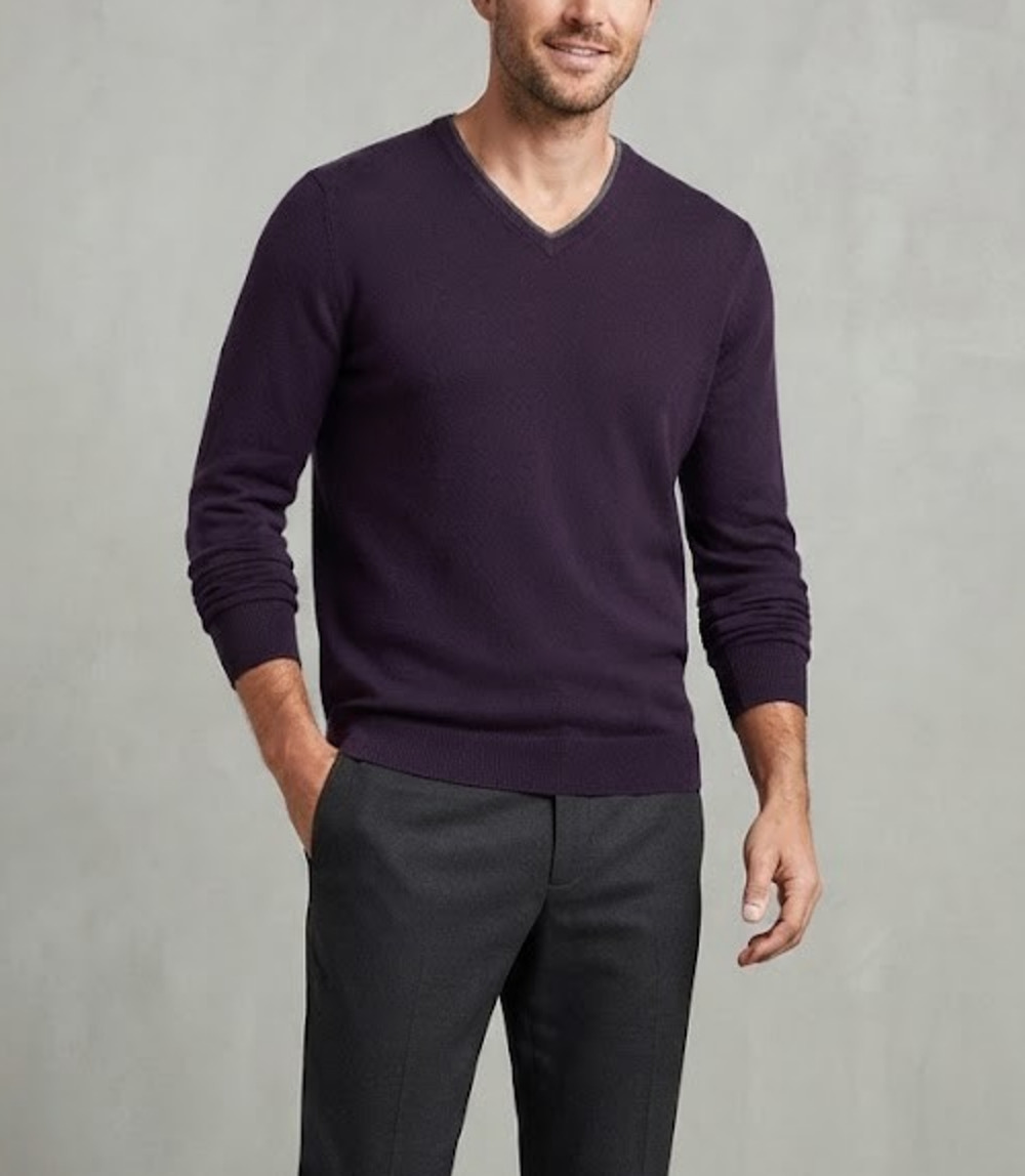 Calvin Klein Mens Sweater Large Purple Merino Wool V-Neck Long Sleeve Pullover